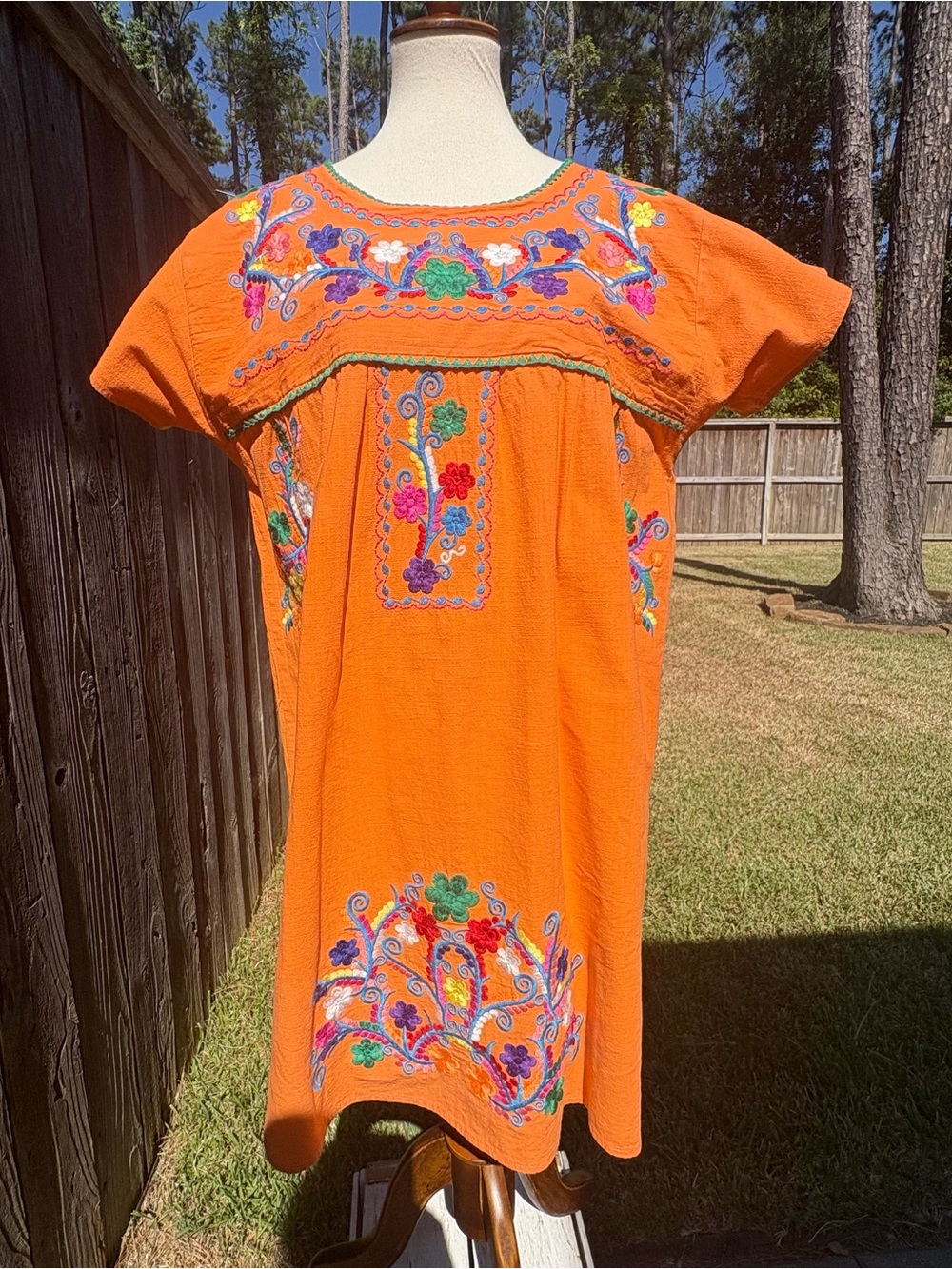 Bright Orange Embroidered Mini Dress - Boho Floral Shift
